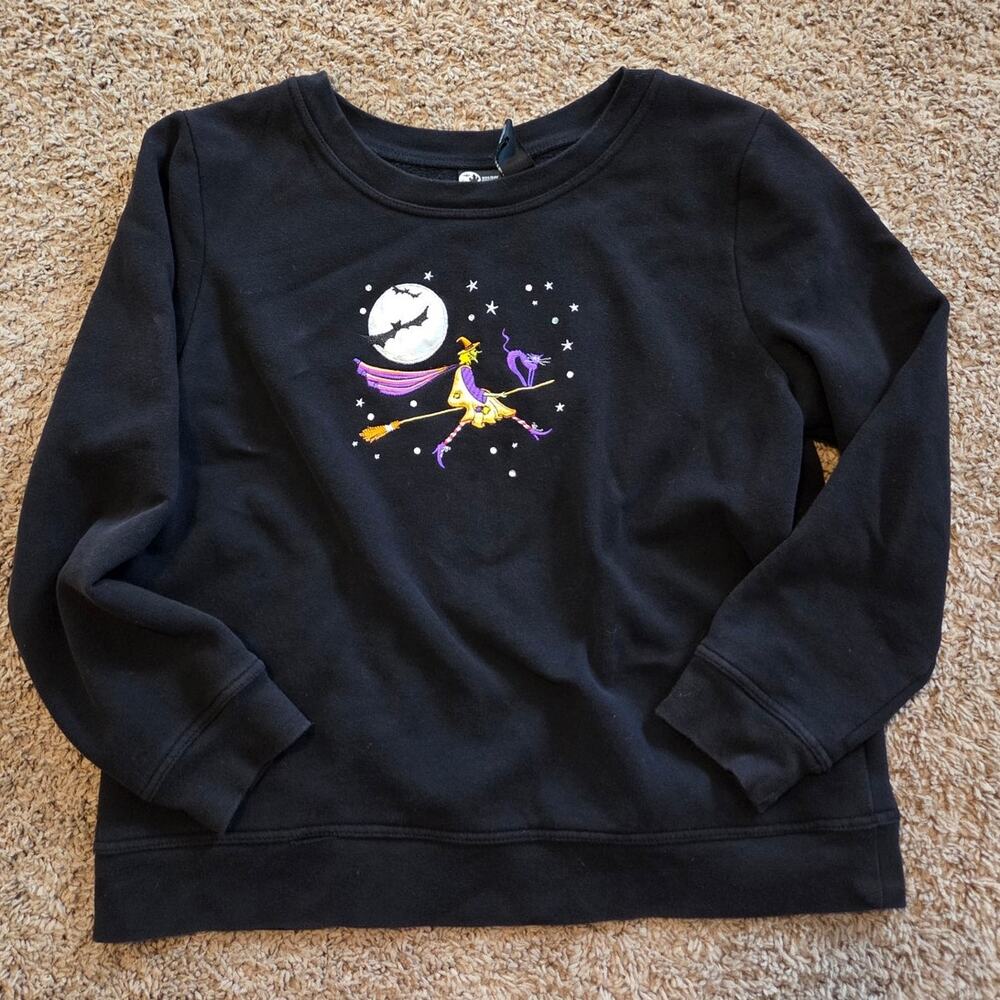 Vtg holiday flying witch crewneck fleece sweat shirt black embroidered L